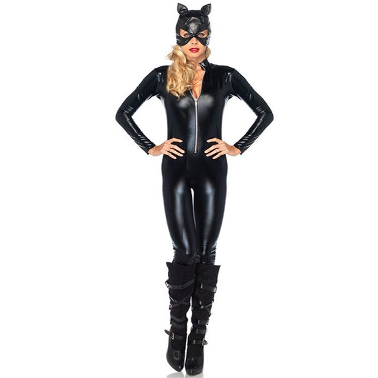 Halloween Catwoman Costume - Shiny Leather Batwoman Biker Suit for Cosplay & Stage Performance