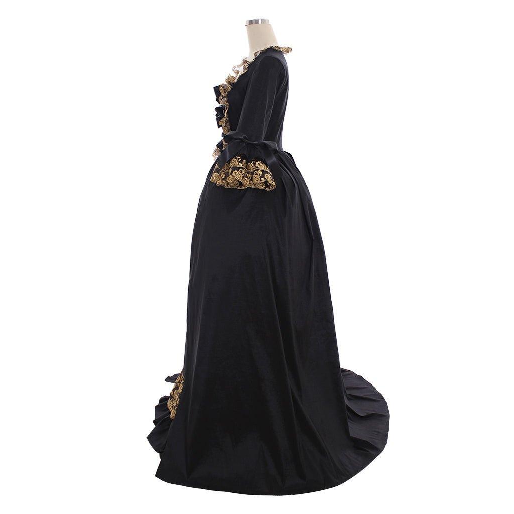 18th Century Rococo Black Dress: A Luxurious Cosplay Costume with Golden Lace - Coscosmos