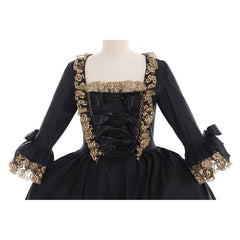 18th Century Rococo Black Dress: A Luxurious Cosplay Costume with Golden Lace - Coscosmos