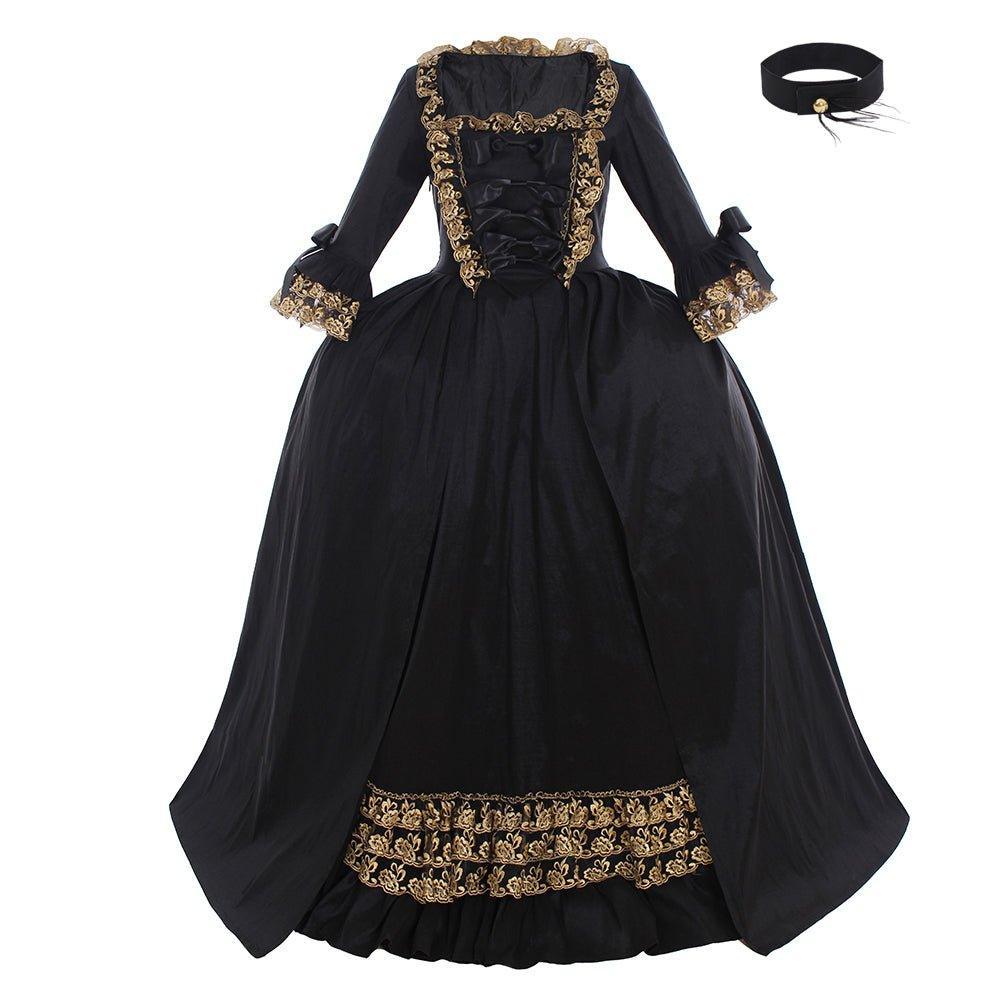 18th Century Rococo Black Dress: A Luxurious Cosplay Costume with Golden Lace - Coscosmos