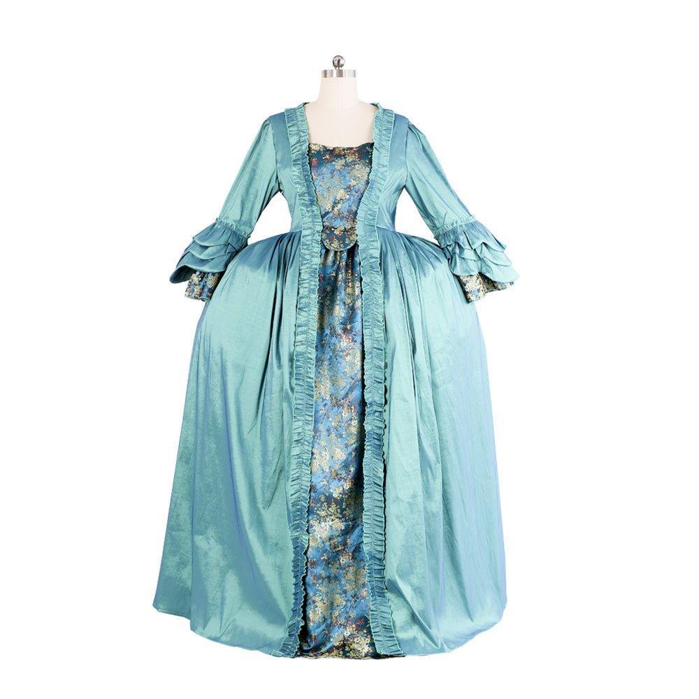 18th Century Rococo Blue Gown - Deluxe Deep Blue Brocade with Embroidery and Lace - Coscosmos