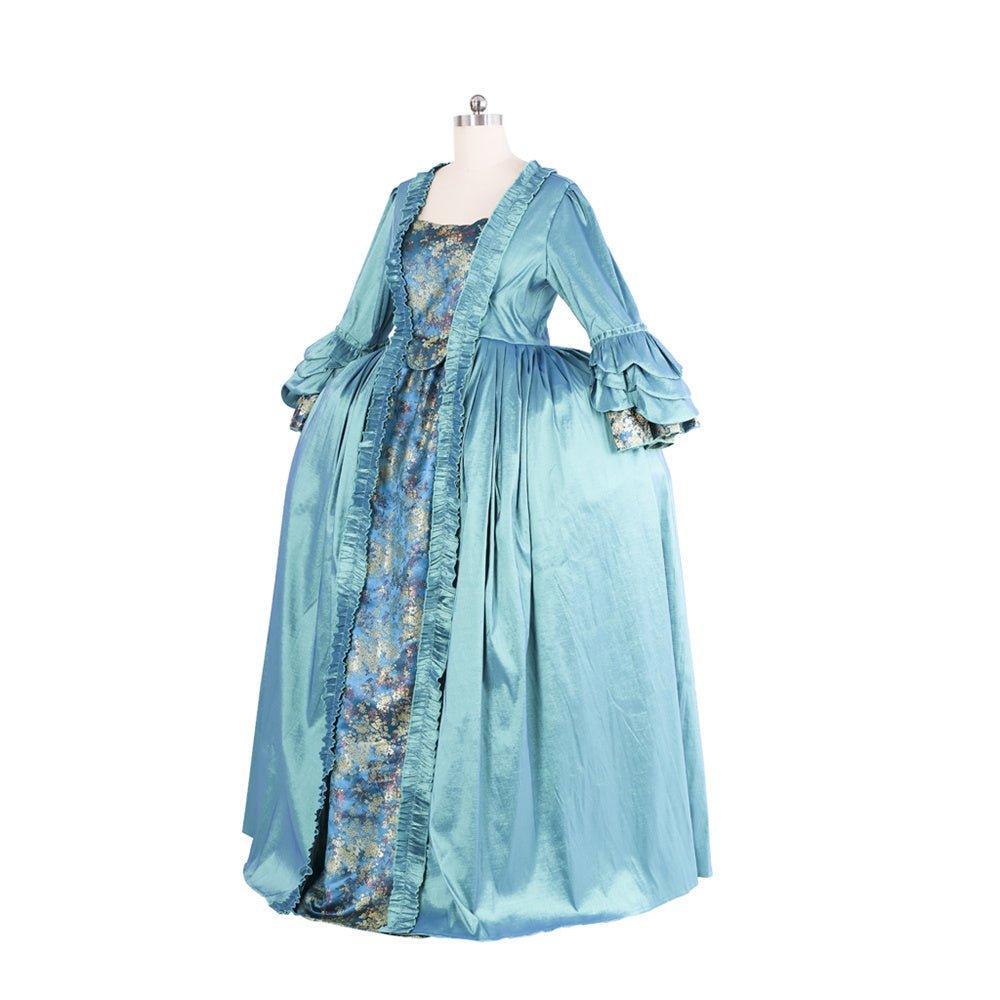 18th Century Rococo Blue Gown - Deluxe Deep Blue Brocade with Embroidery and Lace - Coscosmos