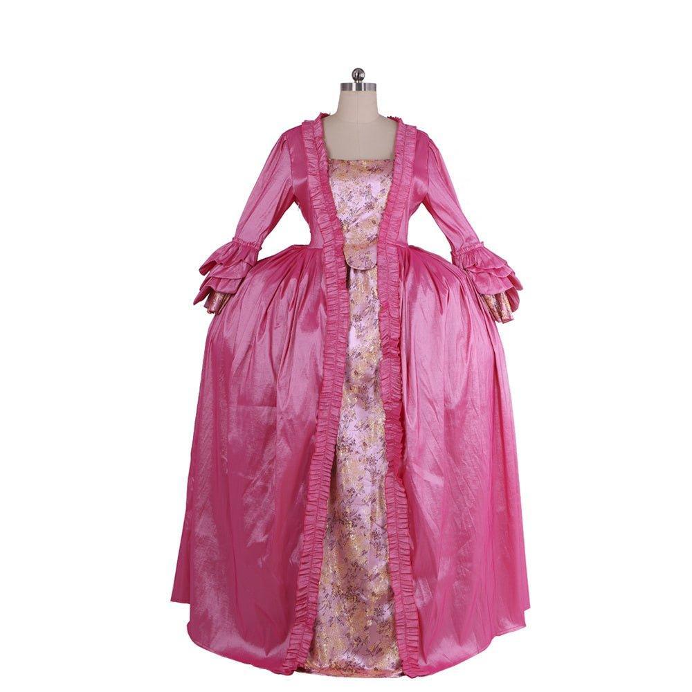 18th Century Rococo Pink Dress - Embroidered Long Sleeve Gown with Delicate Chest Floral - Coscosmos