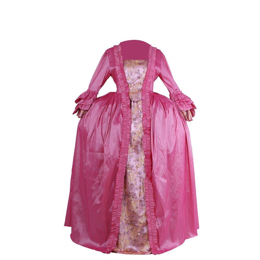 18th Century Rococo Pink Dress - Embroidered Long Sleeve Gown with Delicate Chest Floral - Coscosmos