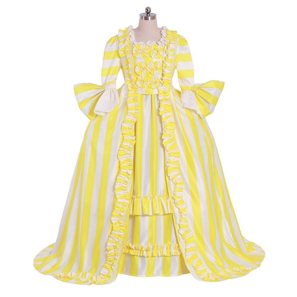 18th Century Rococo Striped Dress - Yellow and White with Ruffles and Pleats by Coscomos - Coscosmos