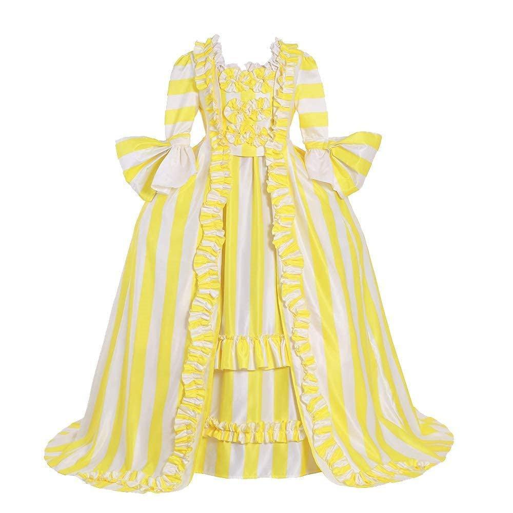 18th Century Rococo Striped Dress - Yellow and White with Ruffles and Pleats by Coscomos - Coscosmos