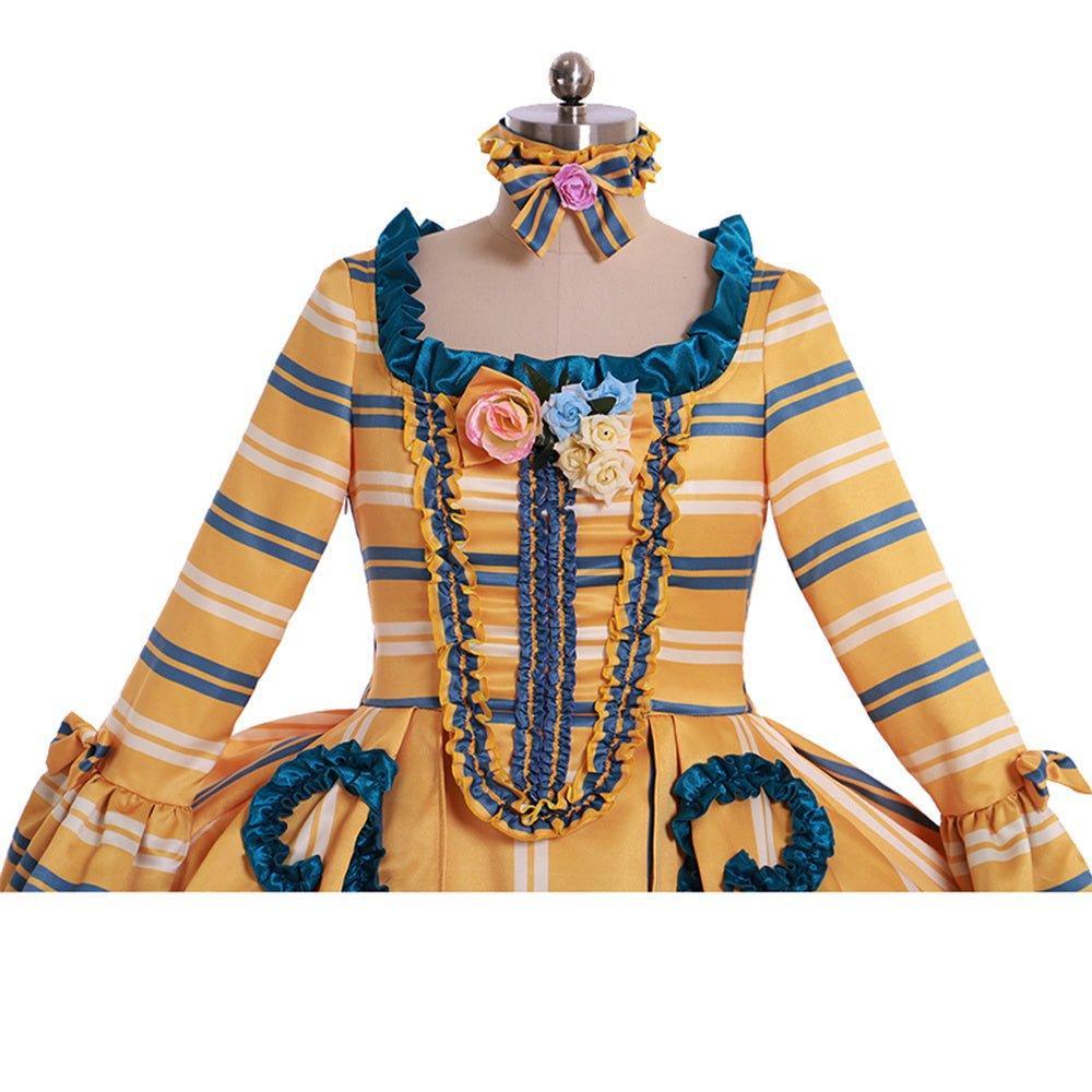 18th Century Rococo Yellow Wedding Gown - Striped Elegance with Blue Florals - Coscosmos