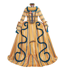 18th Century Rococo Yellow Wedding Gown - Striped Elegance with Blue Florals - Coscosmos