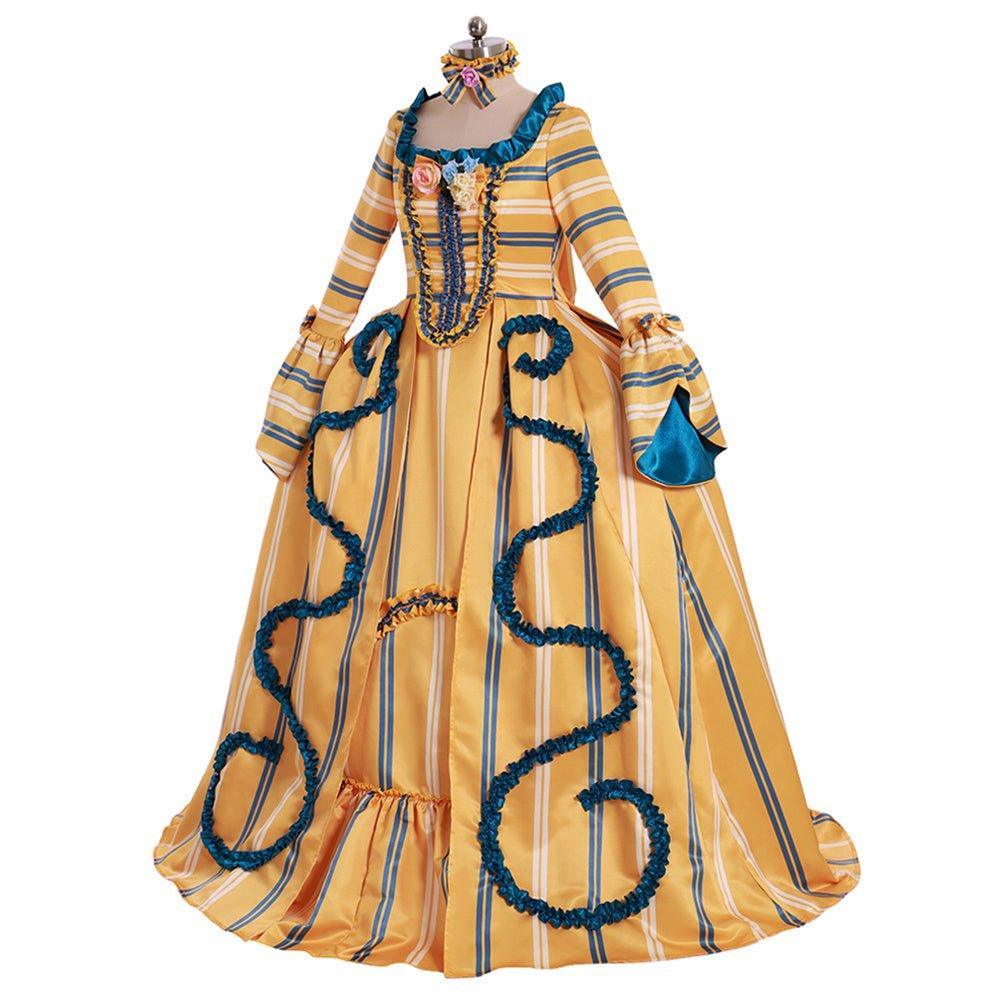 18th Century Rococo Yellow Wedding Gown - Striped Elegance with Blue Florals - Coscosmos