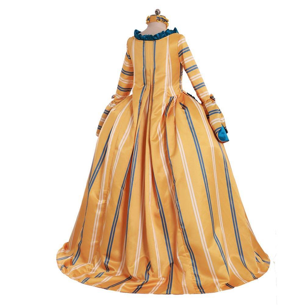 18th Century Rococo Yellow Wedding Gown - Striped Elegance with Blue Florals - Coscosmos