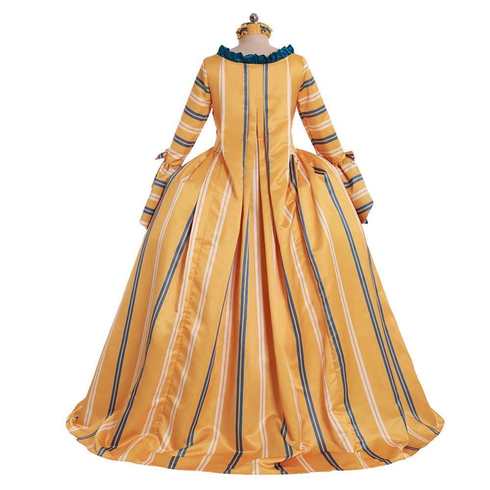 18th Century Rococo Yellow Wedding Gown - Striped Elegance with Blue Florals - Coscosmos