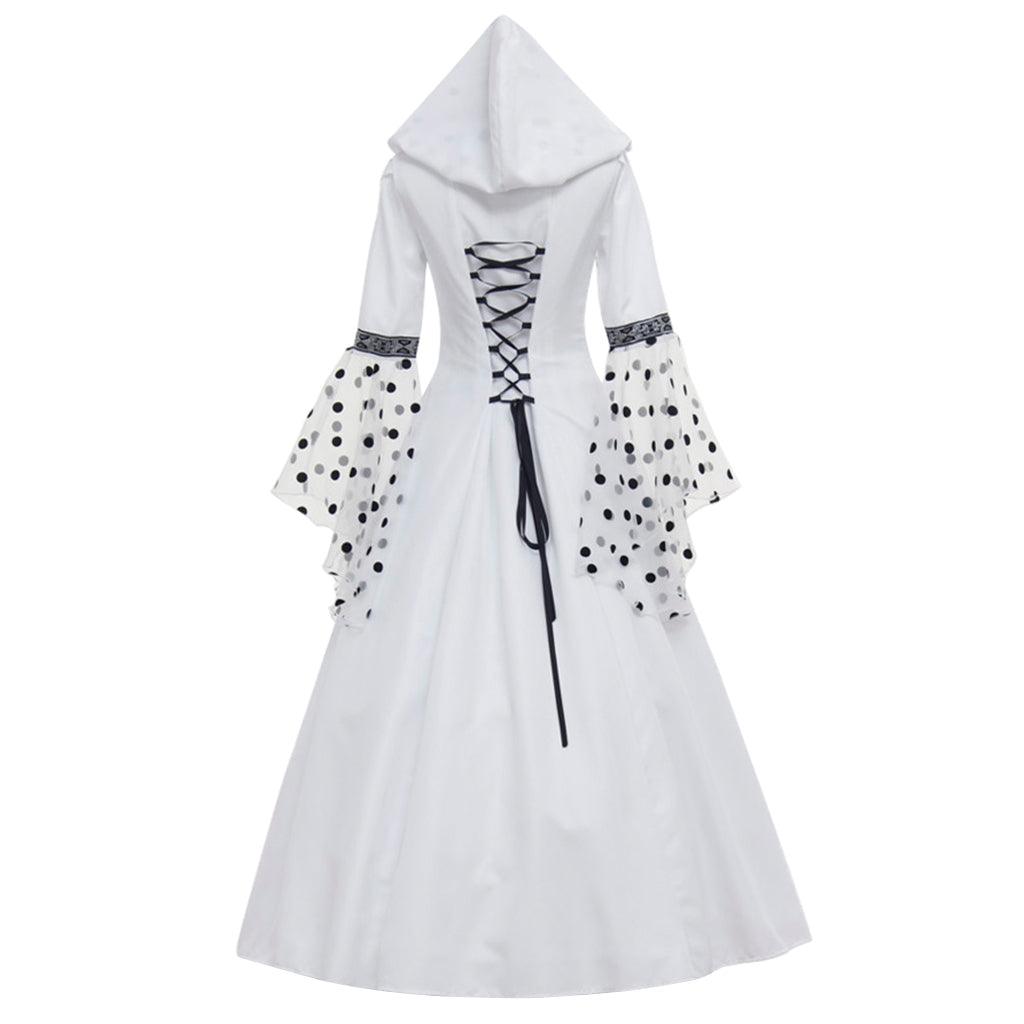 Gothic Steampunk Hooded Polka Dot White Dress Medieval Victorian Renaissance Royal Court Costume Halloween Vampire Ball Gown