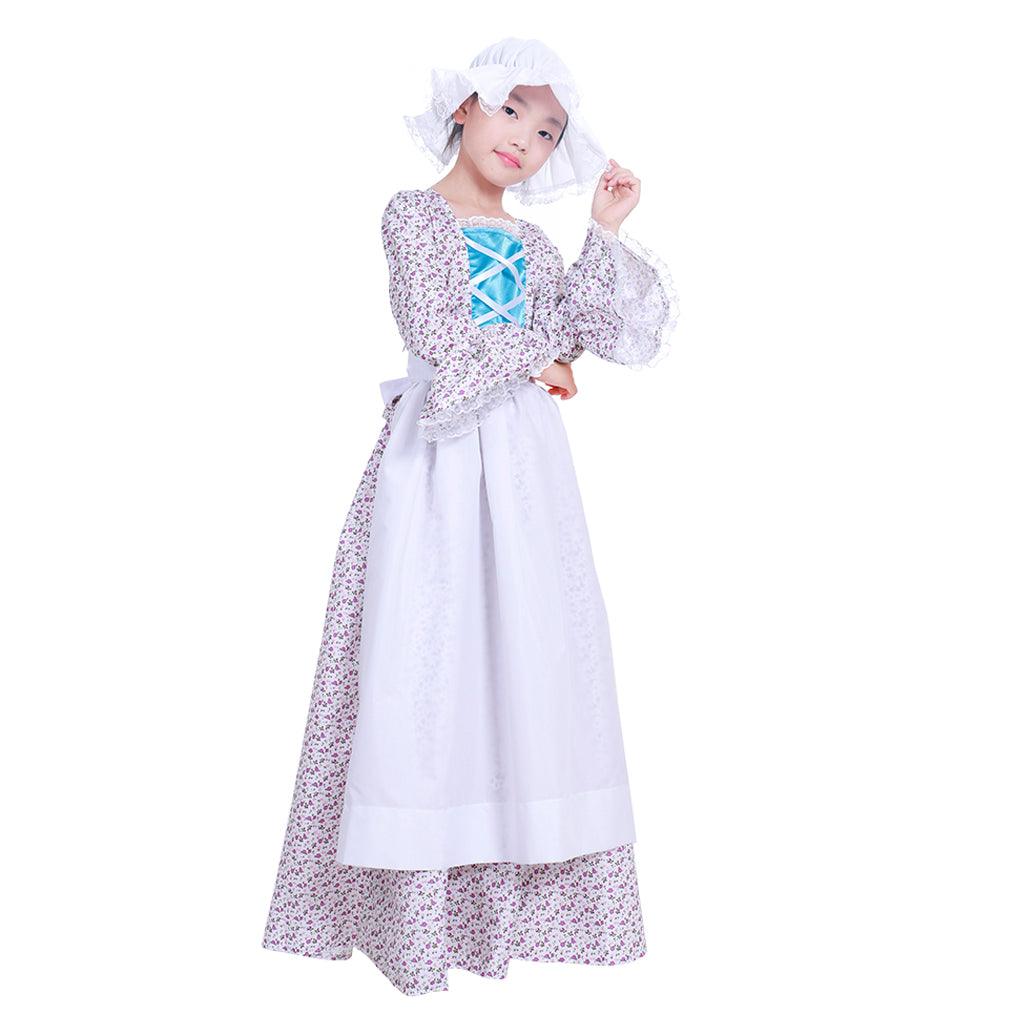 Reenactment Pioneer Prairie Colonial Maid Girls Kids Costume Carnival Victorian Medieval Cosplay Child Dress with Hat