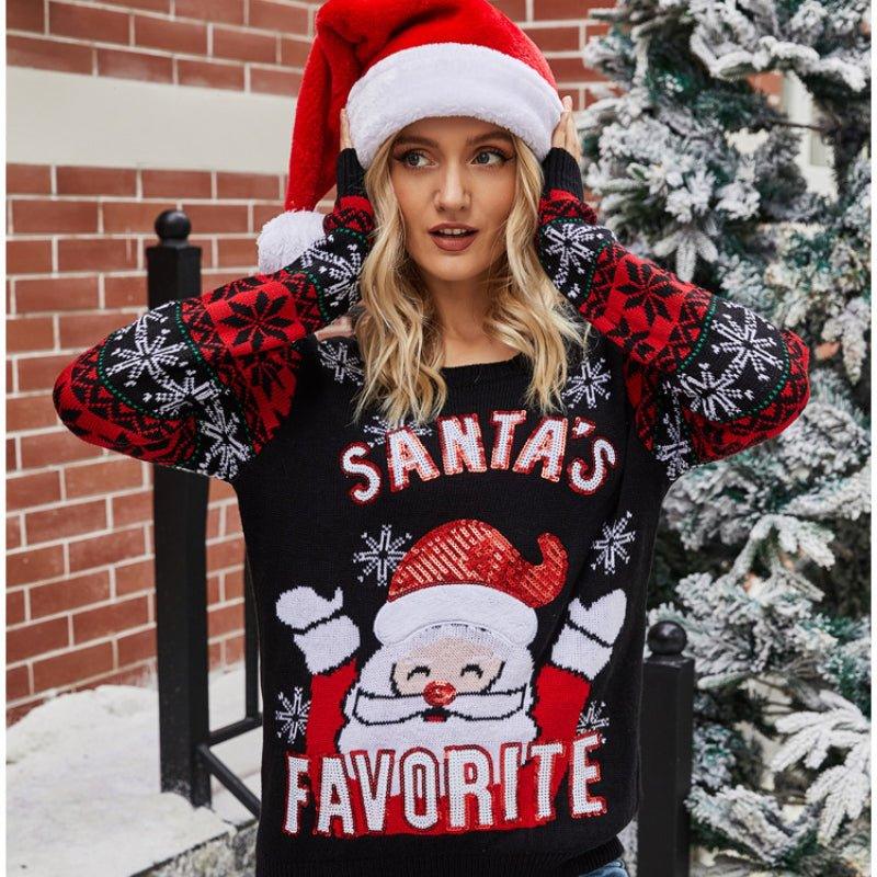 2023 Cross - border European and American women's clothing Christmas pullover sweater Santa Claus embroidered crew neck knitted sweater women - Coscosmos