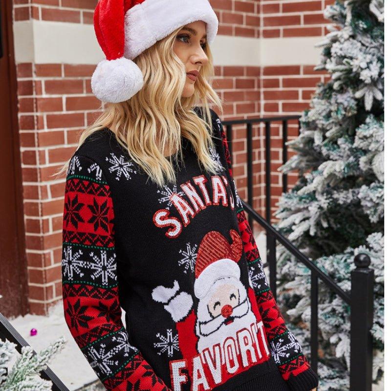 2023 Cross - border European and American women's clothing Christmas pullover sweater Santa Claus embroidered crew neck knitted sweater women - Coscosmos