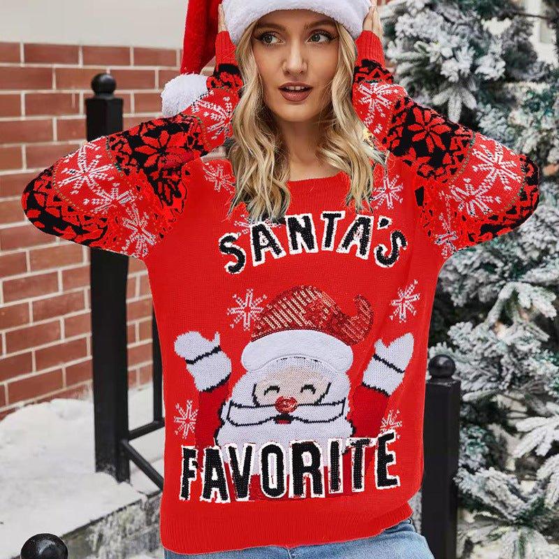 2023 Cross - border European and American women's clothing Christmas pullover sweater Santa Claus embroidered crew neck knitted sweater women - Coscosmos