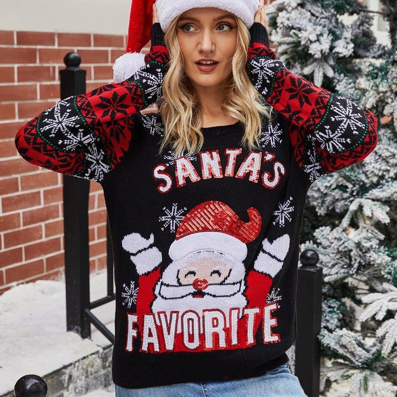 2023 Cross - border European and American women's clothing Christmas pullover sweater Santa Claus embroidered crew neck knitted sweater women - Coscosmos