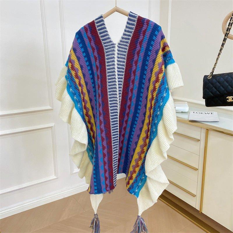 2024 Autumn & Winter Mohair Tassel Cardigan Shawl | Ethnic Knitted Cape with Ruffled Edges for Christmas & Thanksgiving - Coscosmos