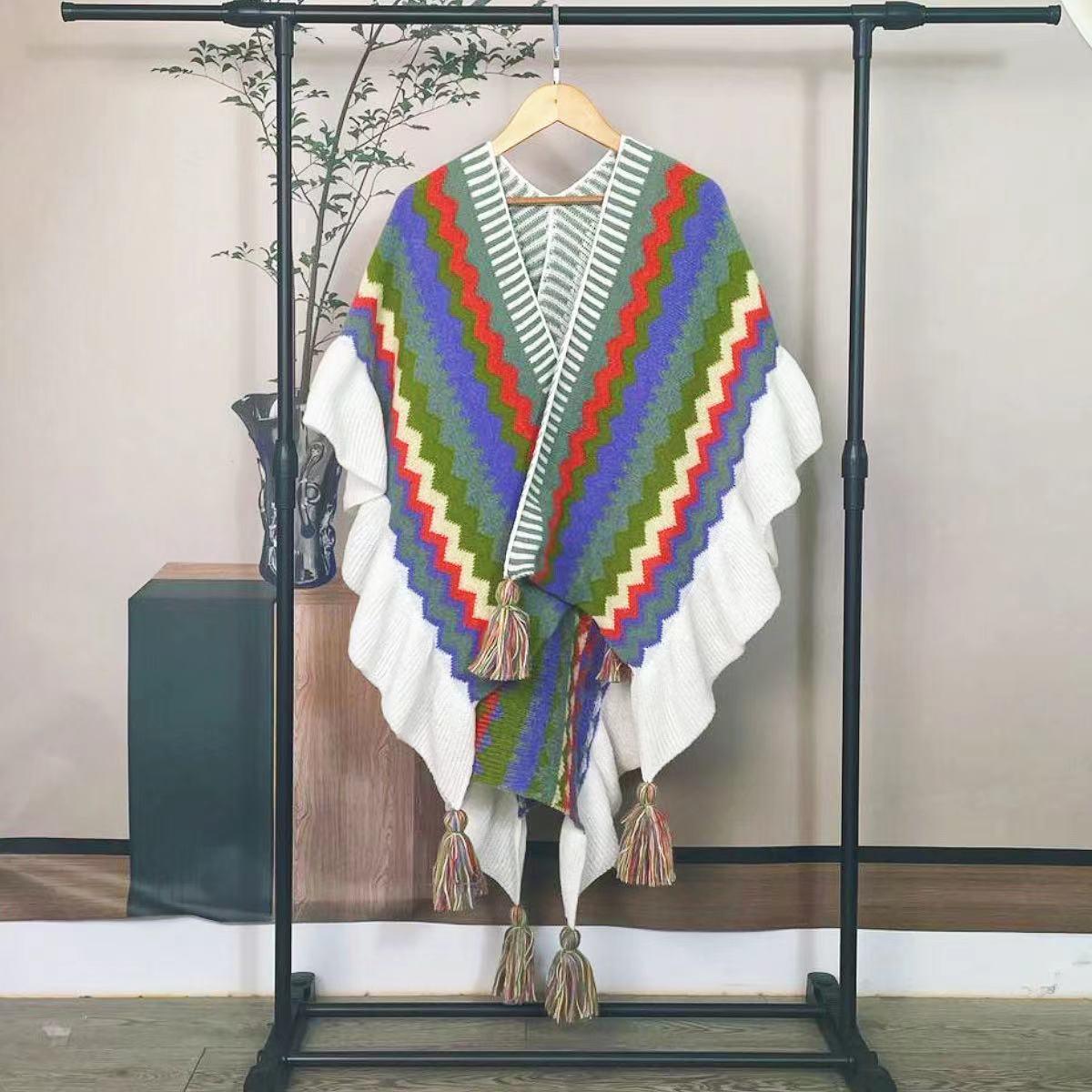 2024 Autumn & Winter Mohair Tassel Cardigan Shawl | Ethnic Knitted Cape with Ruffled Edges for Christmas & Thanksgiving - Coscosmos