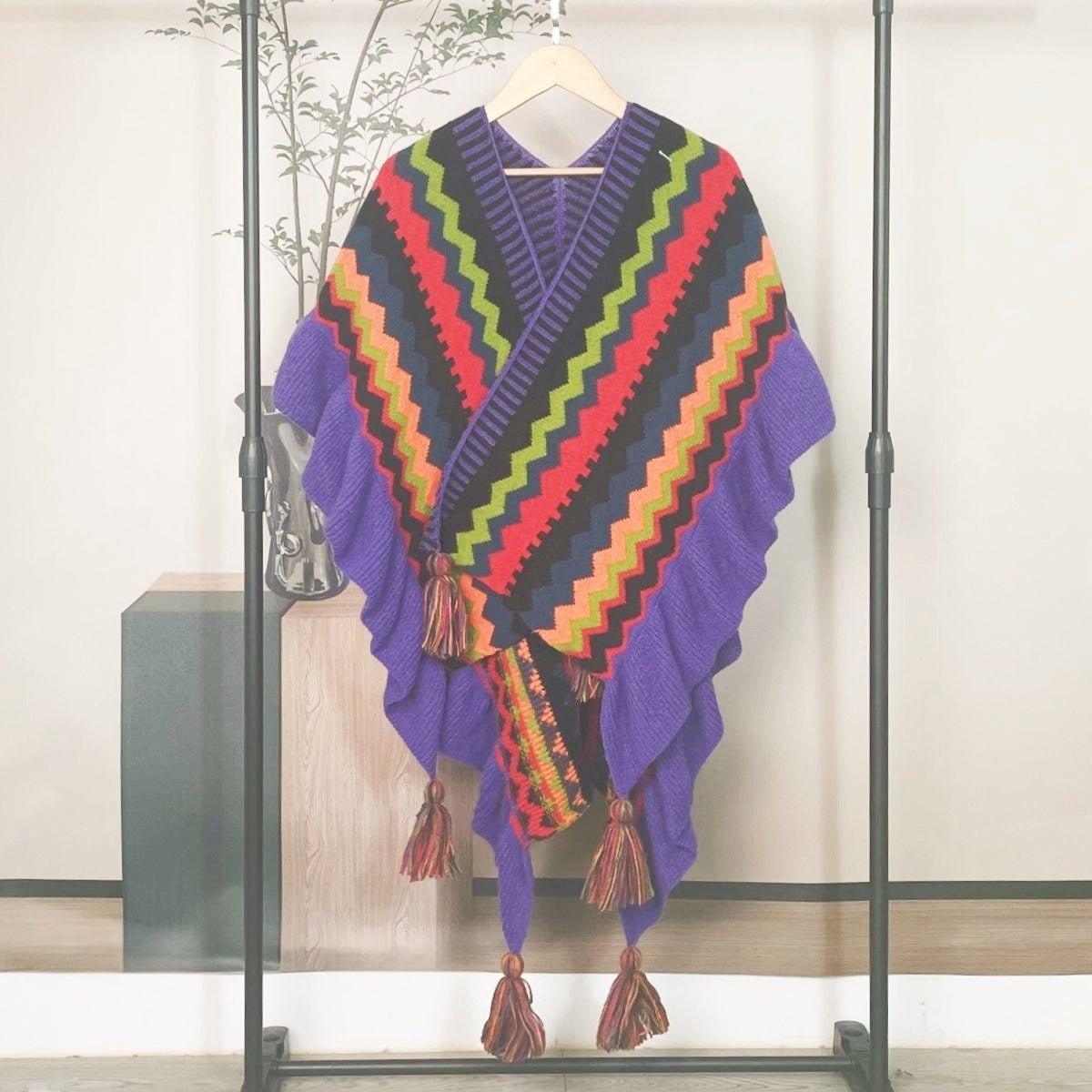 2024 Autumn & Winter Mohair Tassel Cardigan Shawl | Ethnic Knitted Cape with Ruffled Edges for Christmas & Thanksgiving - Coscosmos