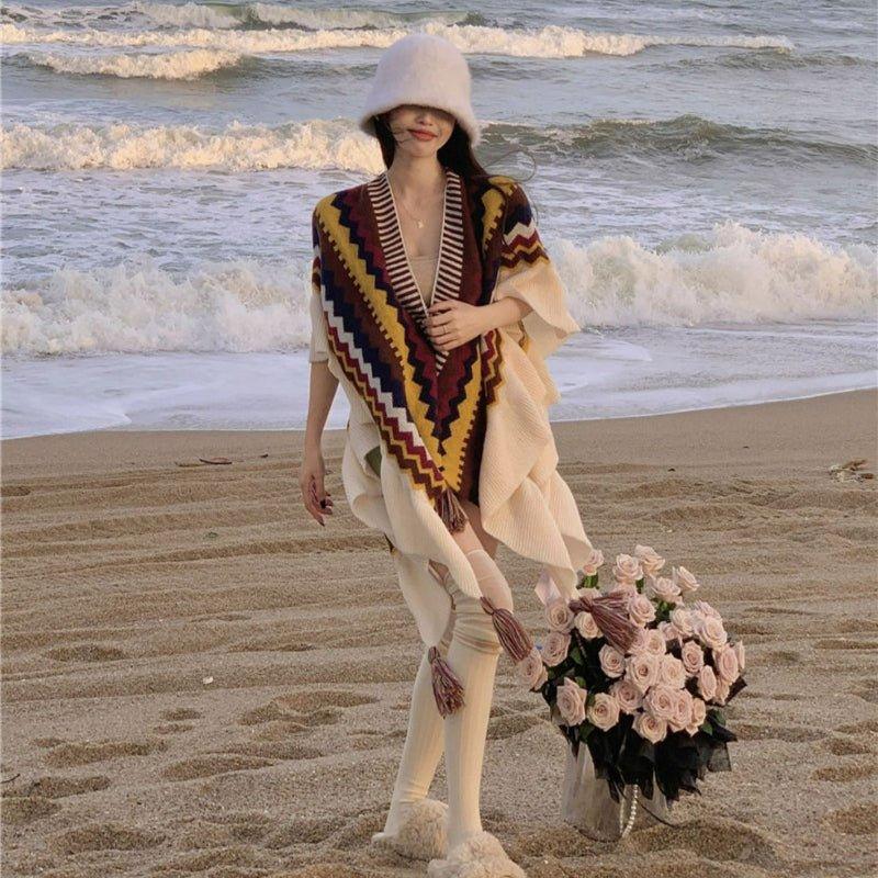 2024 Autumn & Winter Mohair Tassel Cardigan Shawl | Ethnic Knitted Cape with Ruffled Edges for Christmas & Thanksgiving - Coscosmos