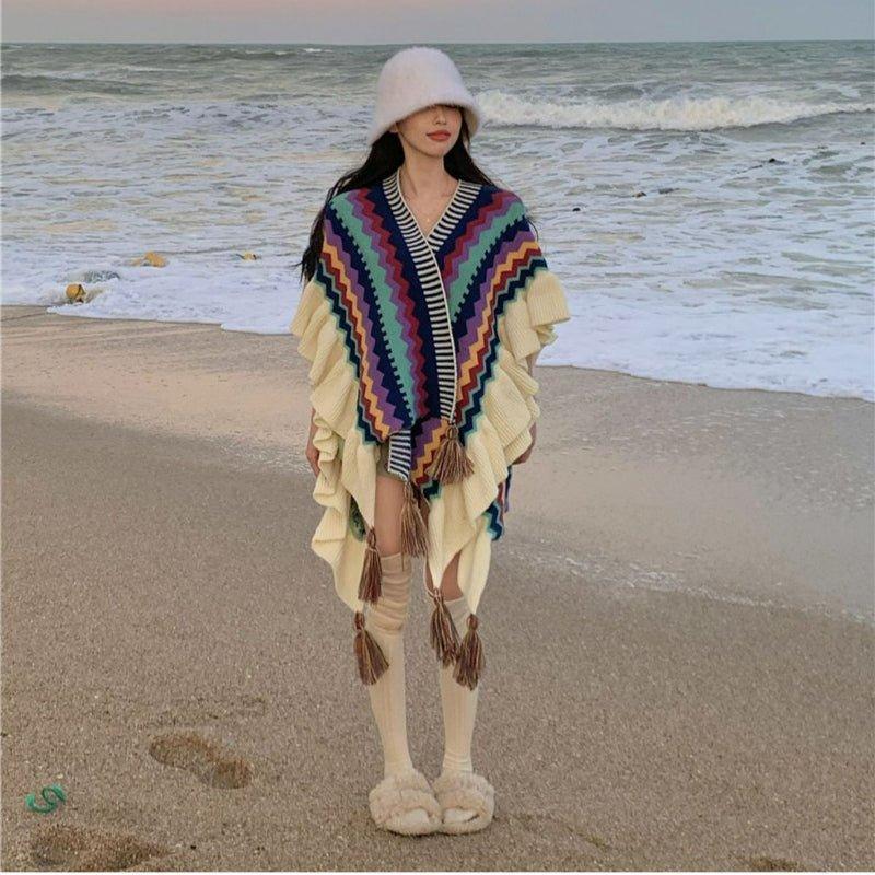 2024 Autumn & Winter Mohair Tassel Cardigan Shawl | Ethnic Knitted Cape with Ruffled Edges for Christmas & Thanksgiving - Coscosmos