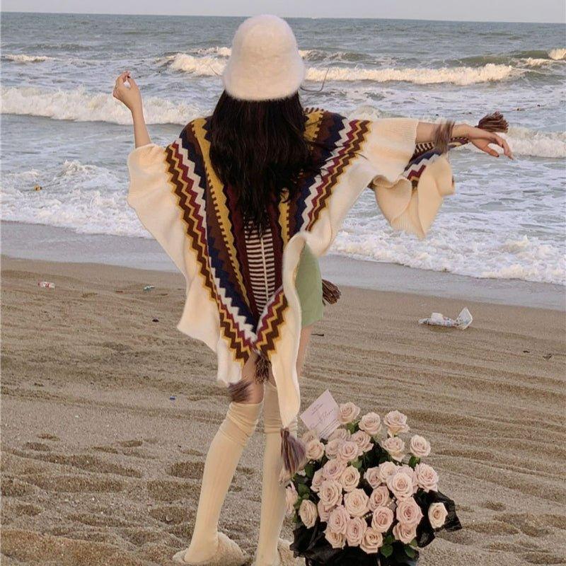 2024 Autumn & Winter Mohair Tassel Cardigan Shawl | Ethnic Knitted Cape with Ruffled Edges for Christmas & Thanksgiving - Coscosmos