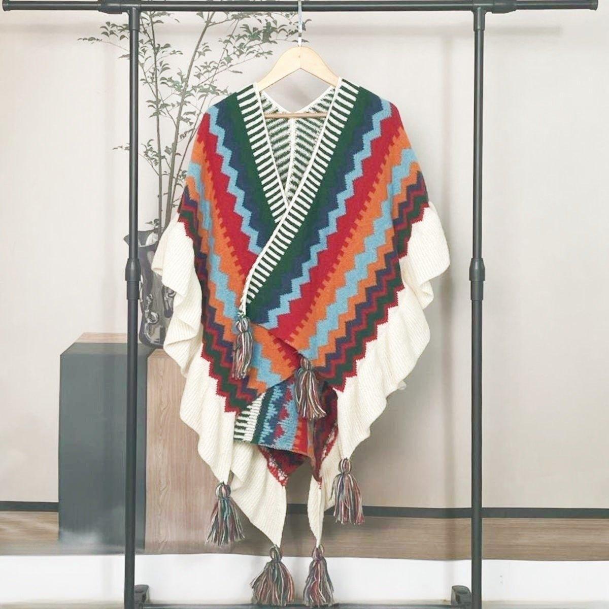 2024 Autumn & Winter Mohair Tassel Cardigan Shawl | Ethnic Knitted Cape with Ruffled Edges for Christmas & Thanksgiving - Coscosmos