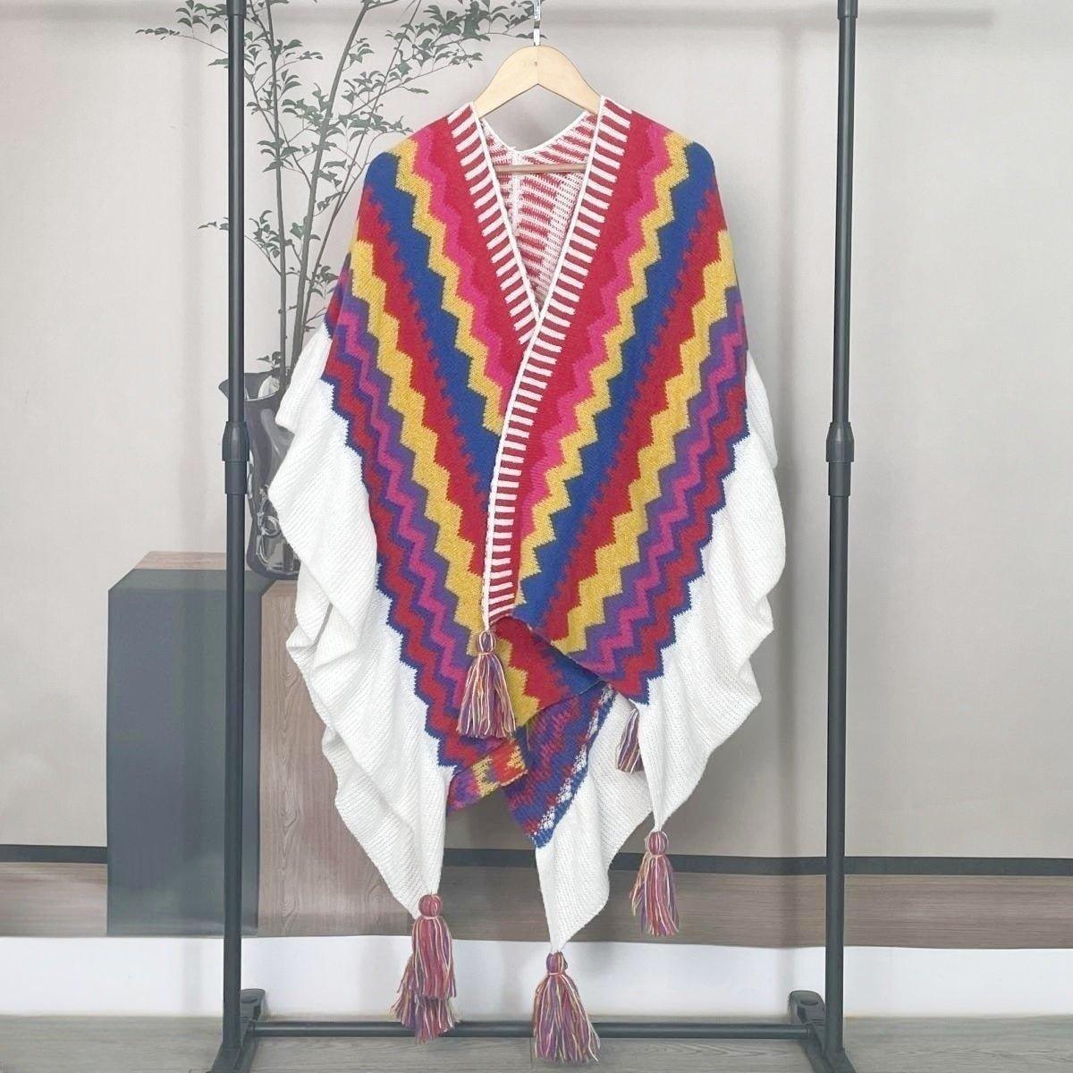 2024 Autumn & Winter Mohair Tassel Cardigan Shawl | Ethnic Knitted Cape with Ruffled Edges for Christmas & Thanksgiving - Coscosmos