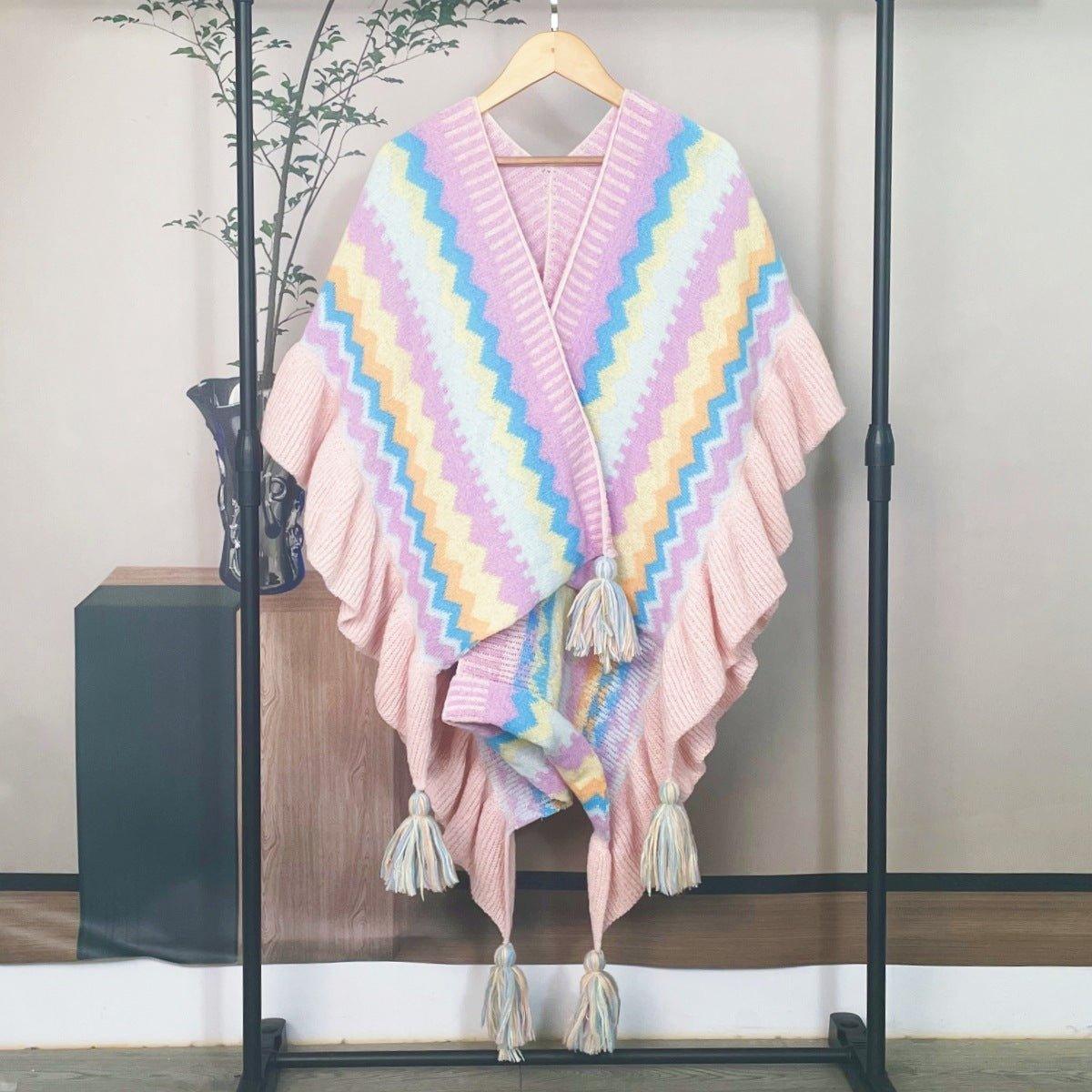 2024 Autumn & Winter Mohair Tassel Cardigan Shawl | Ethnic Knitted Cape with Ruffled Edges for Christmas & Thanksgiving - Coscosmos