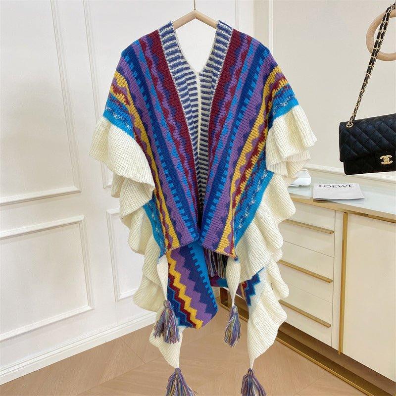 2024 Autumn & Winter Mohair Tassel Cardigan Shawl | Ethnic Knitted Cape with Ruffled Edges for Christmas & Thanksgiving - Coscosmos