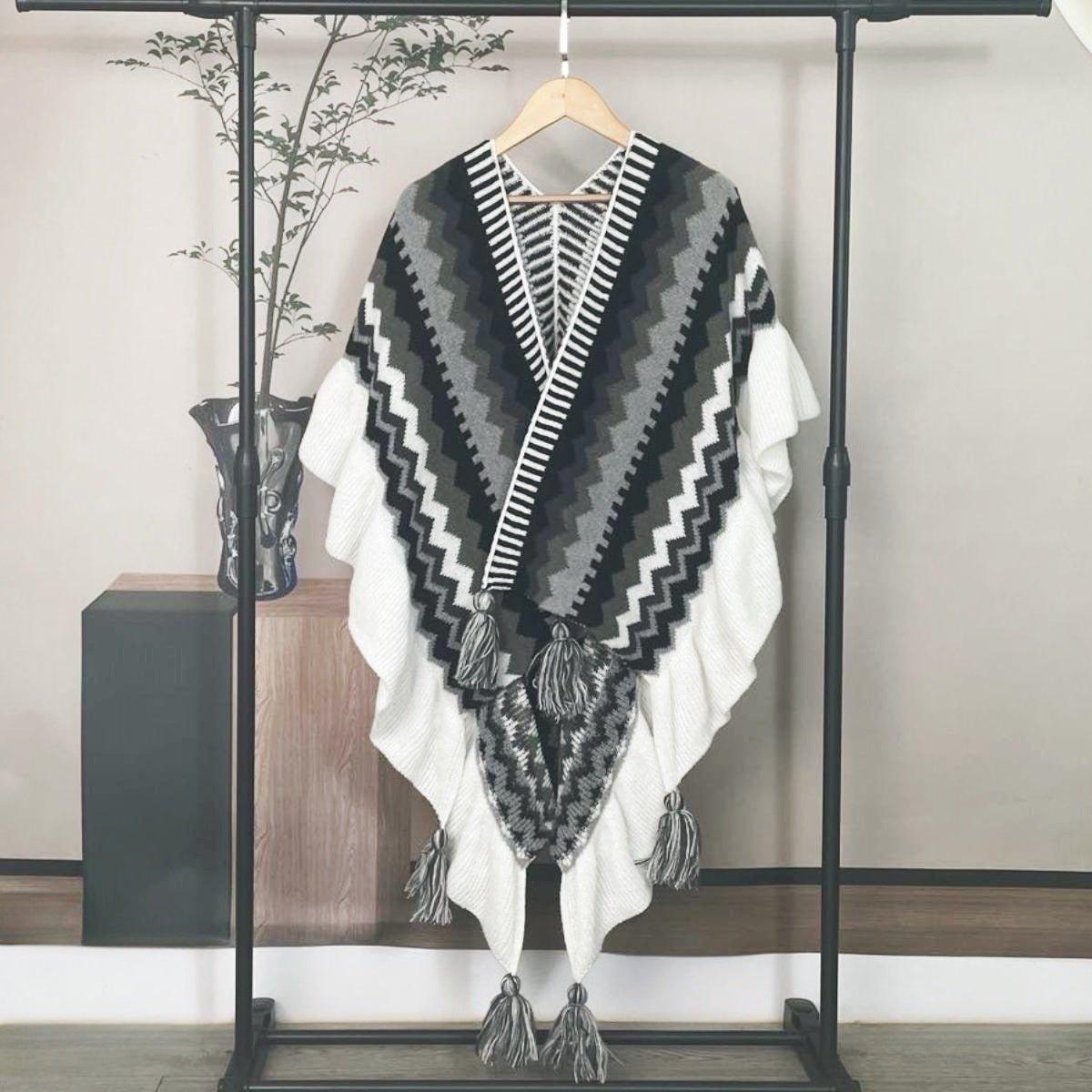 2024 Autumn & Winter Mohair Tassel Cardigan Shawl | Ethnic Knitted Cape with Ruffled Edges for Christmas & Thanksgiving - Coscosmos