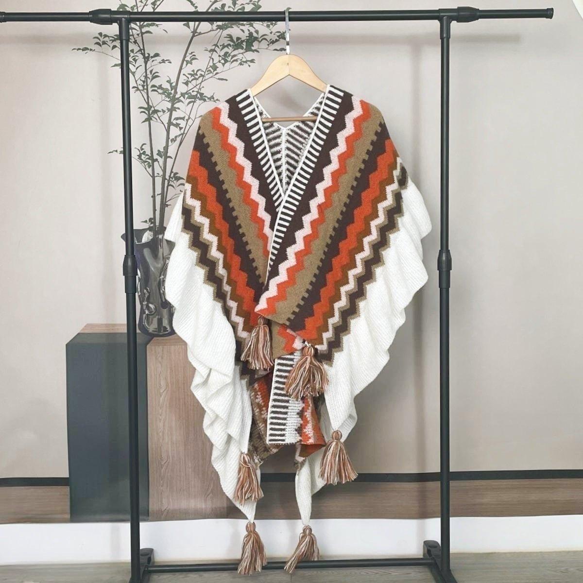 2024 Autumn & Winter Mohair Tassel Cardigan Shawl | Ethnic Knitted Cape with Ruffled Edges for Christmas & Thanksgiving - Coscosmos