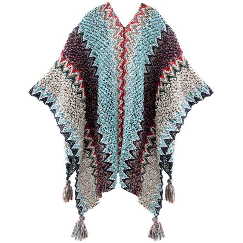 2024 Autumn Winter Peacock Blue Knitted Vintage Cape | Ethnic Style Fashion Shawl with Tassels - Coscosmos