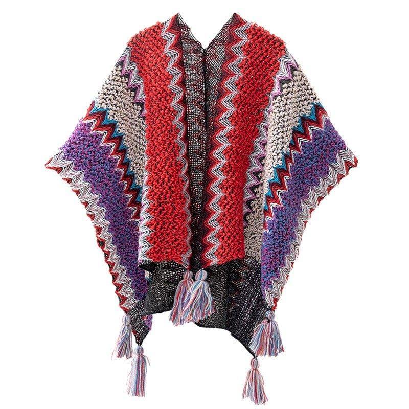 2024 Autumn Winter Peacock Blue Knitted Vintage Cape | Ethnic Style Fashion Shawl with Tassels - Coscosmos