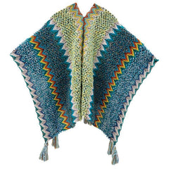 2024 Autumn Winter Peacock Blue Knitted Vintage Cape | Ethnic Style Fashion Shawl with Tassels - Coscosmos