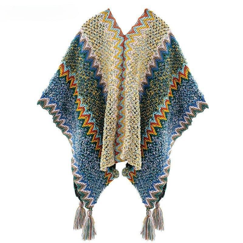 2024 Autumn Winter Peacock Blue Knitted Vintage Cape | Ethnic Style Fashion Shawl with Tassels - Coscosmos