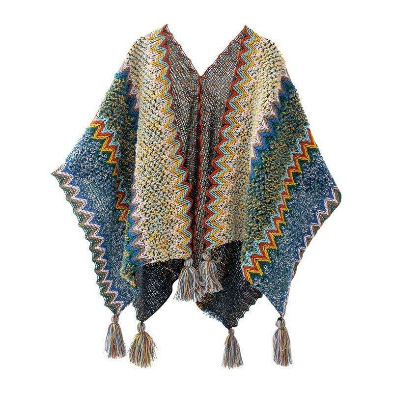 2024 Autumn Winter Peacock Blue Knitted Vintage Cape | Ethnic Style Fashion Shawl with Tassels - Coscosmos