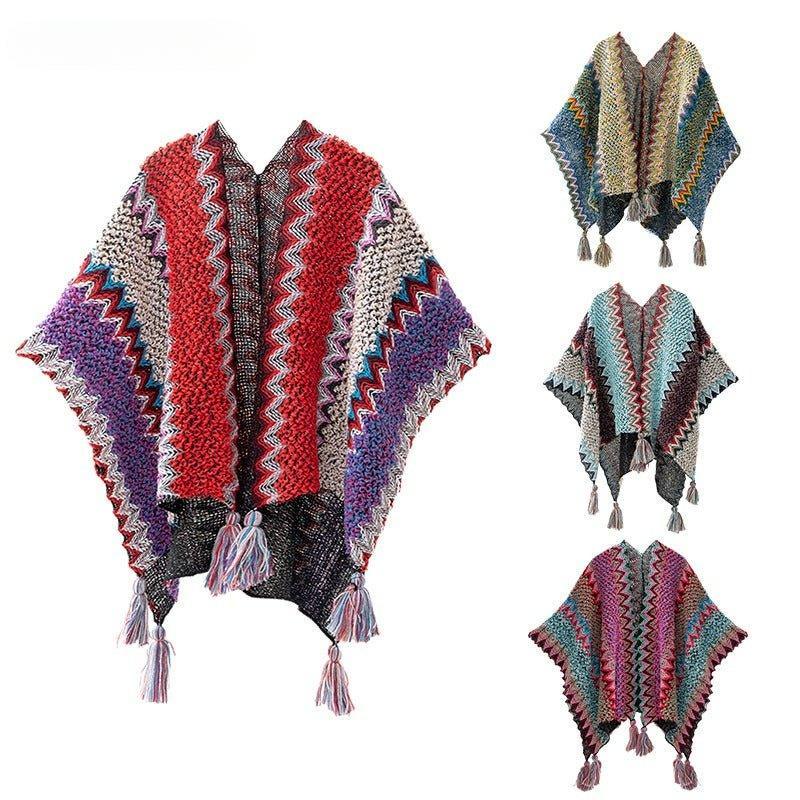 2024 Autumn Winter Peacock Blue Knitted Vintage Cape | Ethnic Style Fashion Shawl with Tassels - Coscosmos