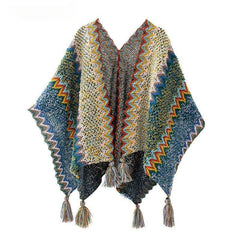 2024 Autumn Winter Peacock Blue Knitted Vintage Cape | Ethnic Style Fashion Shawl with Tassels - Coscosmos