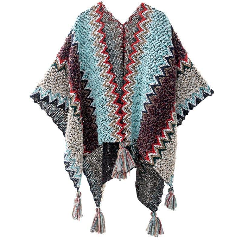 2024 Autumn Winter Peacock Blue Knitted Vintage Cape | Ethnic Style Fashion Shawl with Tassels - Coscosmos