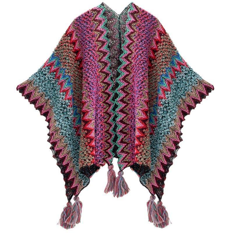 2024 Autumn Winter Peacock Blue Knitted Vintage Cape | Ethnic Style Fashion Shawl with Tassels - Coscosmos