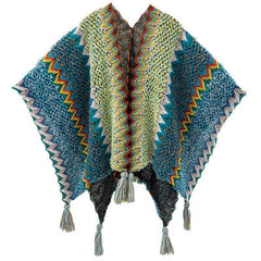 2024 Autumn Winter Peacock Blue Knitted Vintage Cape | Ethnic Style Fashion Shawl with Tassels - Coscosmos