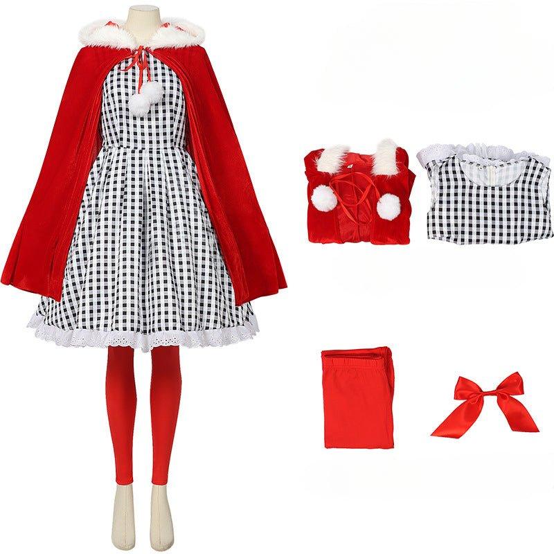 2024 European and American Christmas New Halloween Black and White Checked Cloak Dress Set - Coscosmos