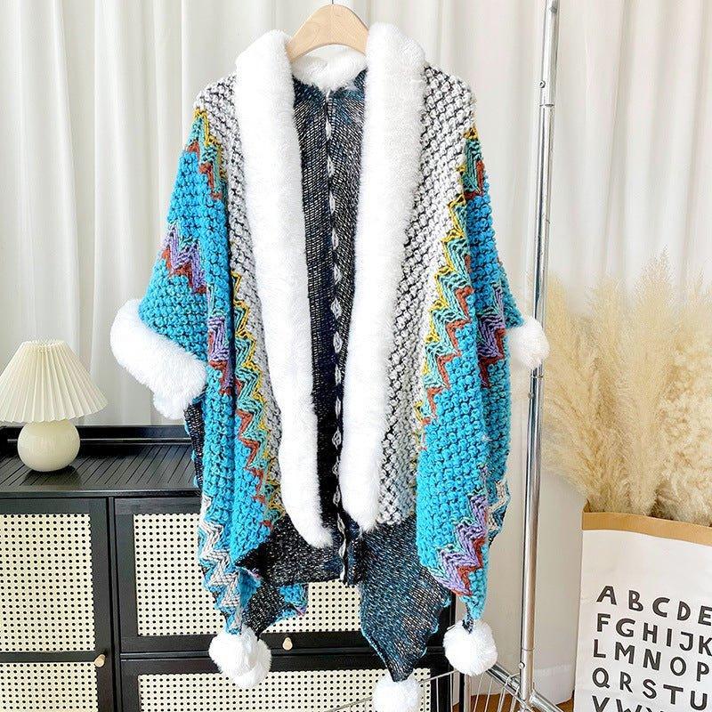 2024 Fall Winter Ethnic Style Women's Shawl | Faux Rabbit Fur Pom - Pom Cape for Travel, Photoshoots, Christmas & Thanksgiving - Coscosmos