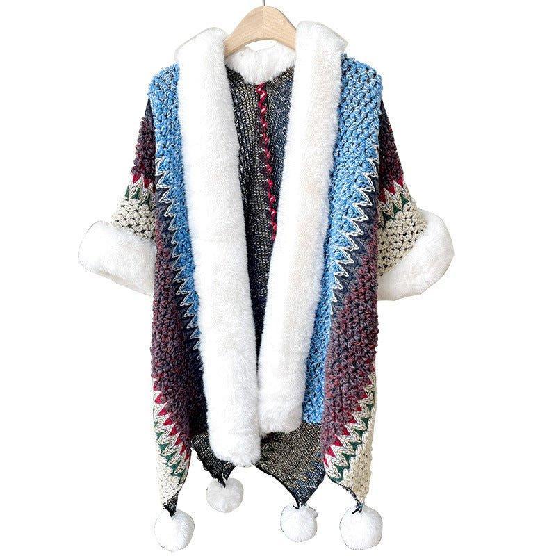 2024 Fall Winter Ethnic Style Women's Shawl | Faux Rabbit Fur Pom - Pom Cape for Travel, Photoshoots, Christmas & Thanksgiving - Coscosmos