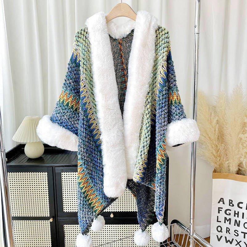 2024 Fall Winter Ethnic Style Women's Shawl | Faux Rabbit Fur Pom - Pom Cape for Travel, Photoshoots, Christmas & Thanksgiving - Coscosmos