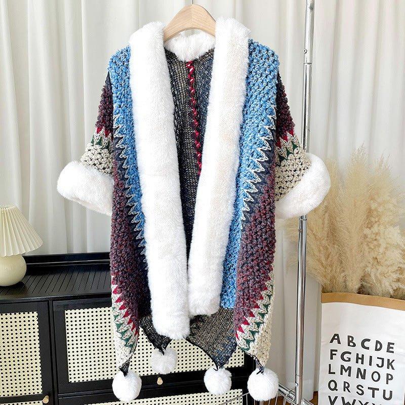 2024 Fall Winter Ethnic Style Women's Shawl | Faux Rabbit Fur Pom - Pom Cape for Travel, Photoshoots, Christmas & Thanksgiving - Coscosmos