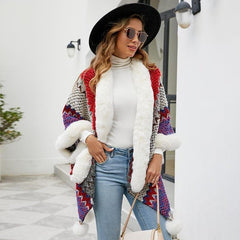 2024 Fall Winter Ethnic Style Women's Shawl | Faux Rabbit Fur Pom - Pom Cape for Travel, Photoshoots, Christmas & Thanksgiving - Coscosmos