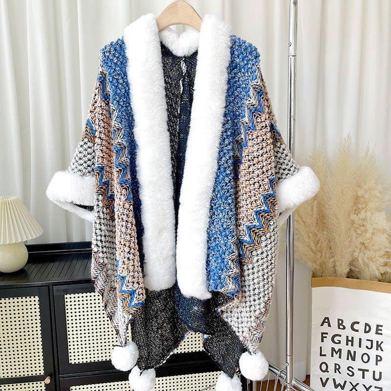 2024 Fall Winter Ethnic Style Women's Shawl | Faux Rabbit Fur Pom - Pom Cape for Travel, Photoshoots, Christmas & Thanksgiving - Coscosmos